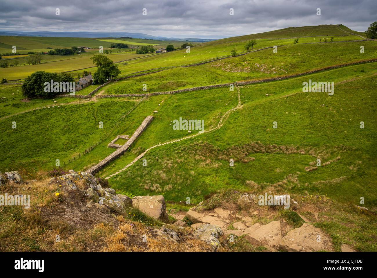 West from the top of Steel Rigg with Hadrian’s Wall and Turret below ...