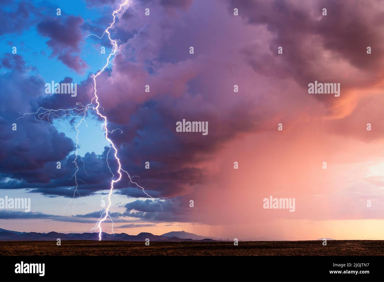 Lightning storm at sunset near Flagstaff, Arizona Stock Photo