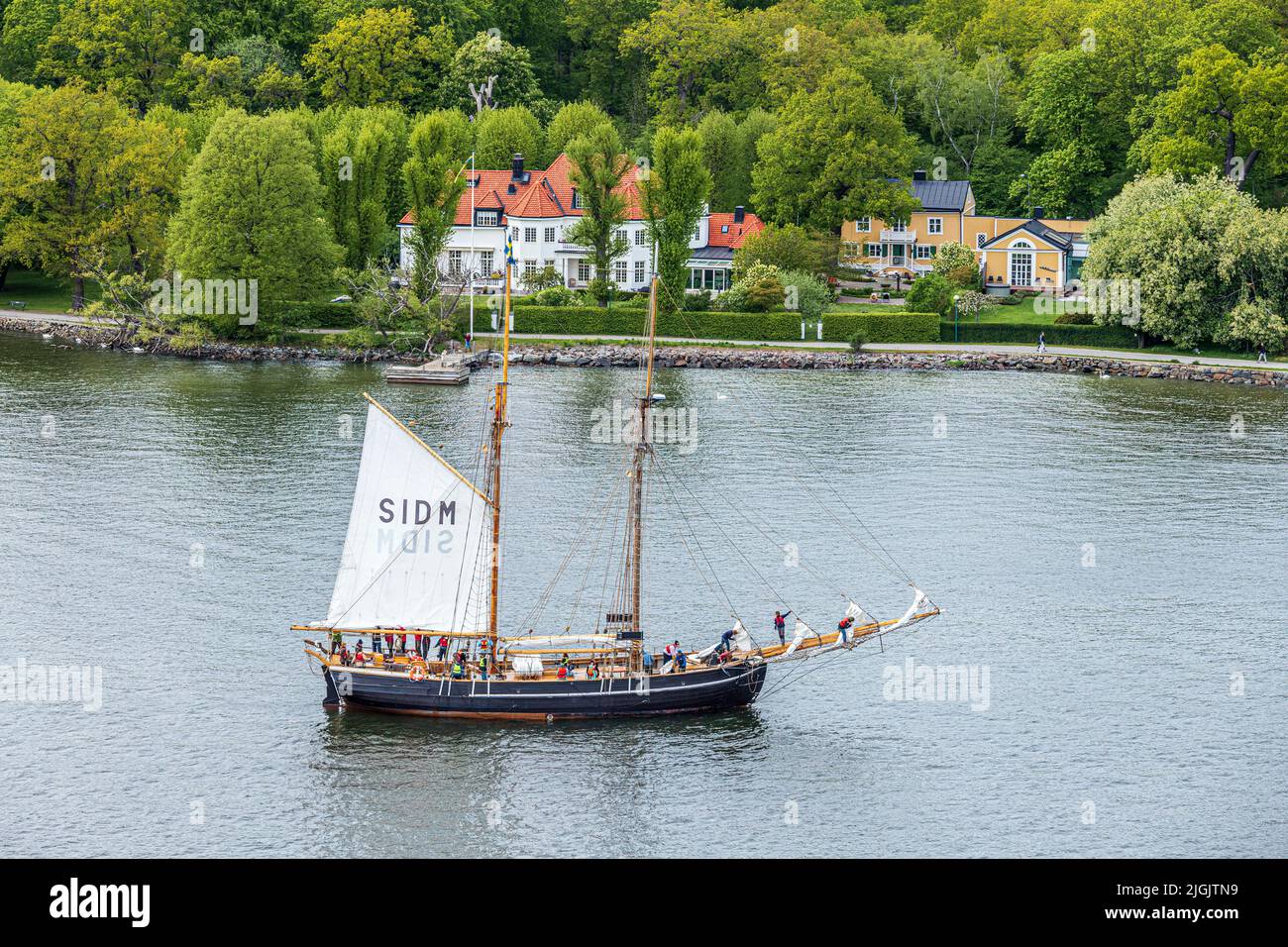 The sailing ship 'Ellen' passing Djurgården Island in the Stockholm Archipelago, Sweden Stock Photo
