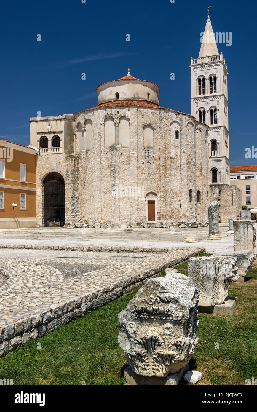 Roman Forum, Church of St Donatus and Bell Tower of Cathedral of St Anastasia, Zadar, Croatia Stock Photo