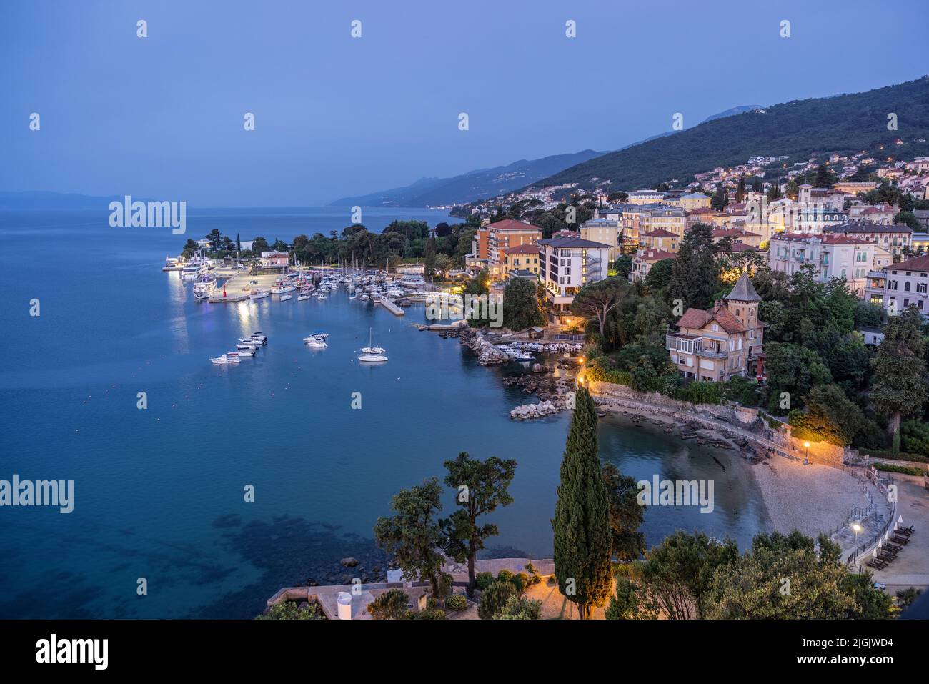 Twilight View of Town and Lungomare, Opatija, Croatia Stock Photo