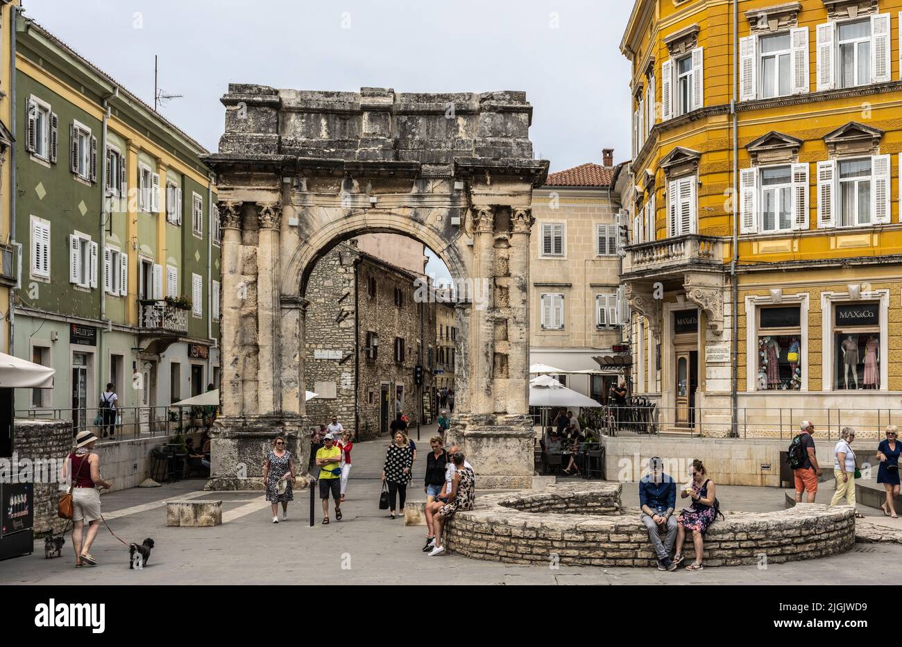 Arch of the Sergii with Strain Gauge Monitors, Pula, Croatia Stock Photo