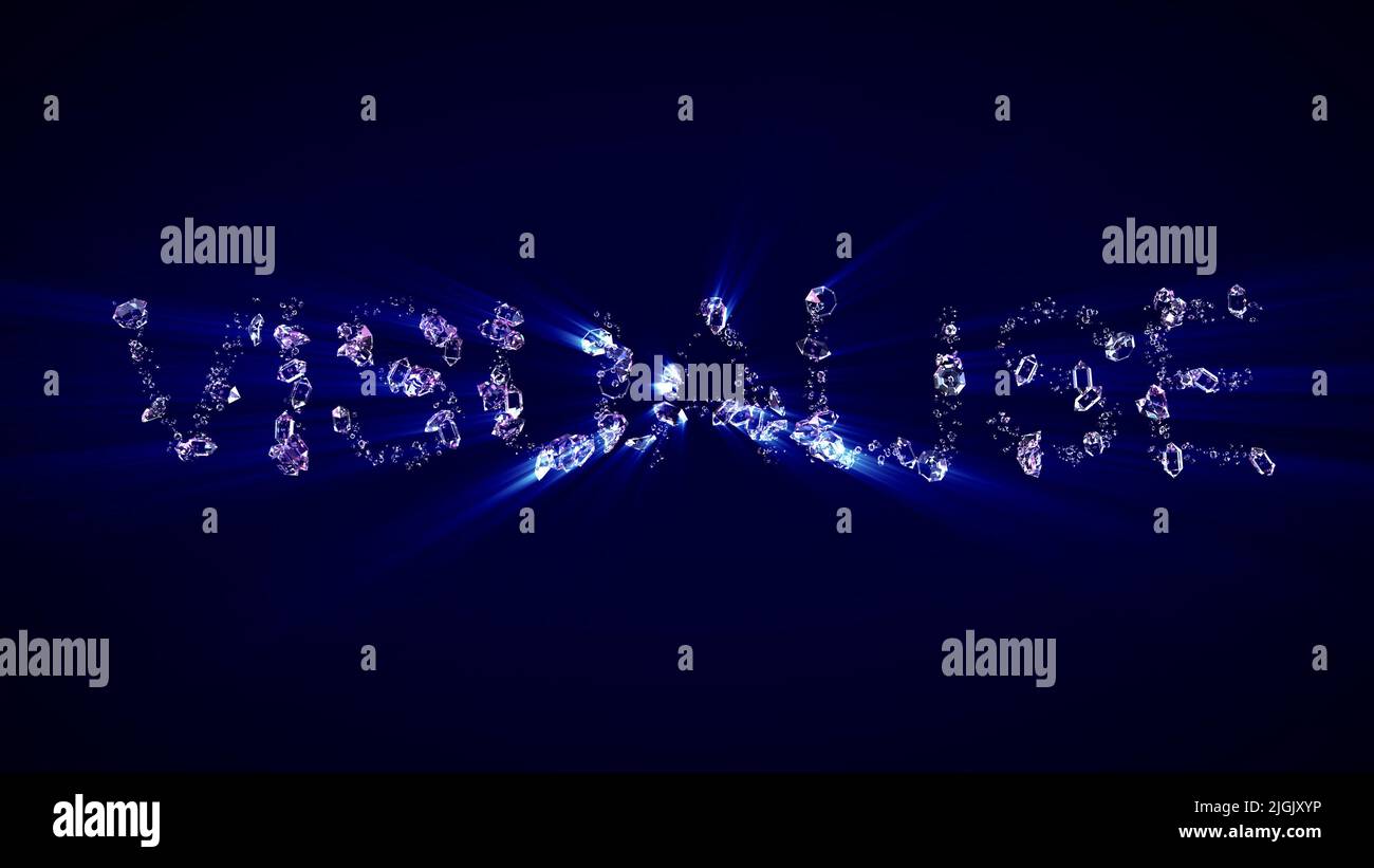 visualize text of diamonds with blue light rays, isolated object 3D