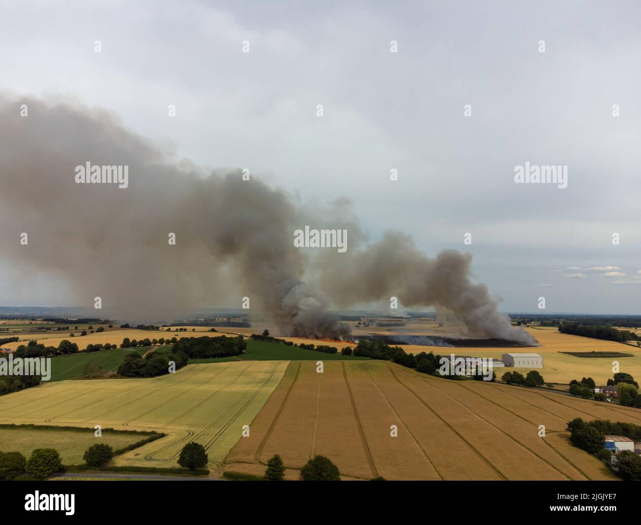 Ripon, North Yorkshire, UK. 11th July, 2022. Smoke and flames fill the air in this field fire during the hot summer. The fire on farmland near Ripon was caused by a combine harvester catching fire and spreading to the crop which was being harvested. Stock Photo