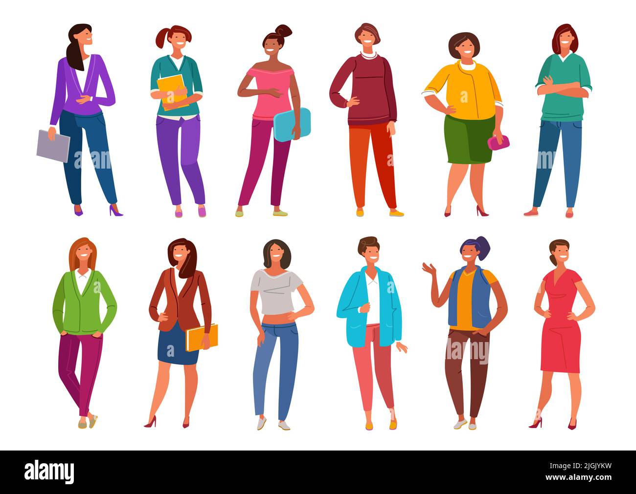 Set young women and girls standing in different poses in casual clothes. Female people in flat cartoon style vector Stock Vector