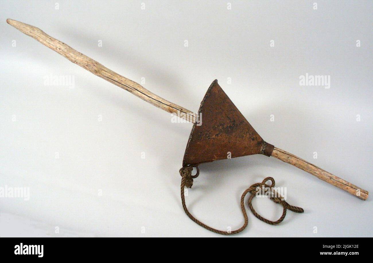 Vakare Wokers, to the lantern BLM 13537: 131. Naturally grown wooden stick with conformal float of metal. Look with rope stump. Missing weight. Acquired at the 1955 fisheries survey (no. 130). Gift by Maurits Karlsson, Hasslö. Stock Photo