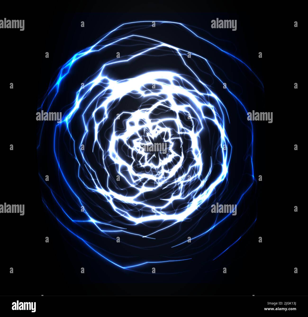 Spiral fractal background. Thunderbolt swirling lightning. Blue swirl sphere shape. Wormhole funnel. Portal explosion. Vector illustration. Stock Vector