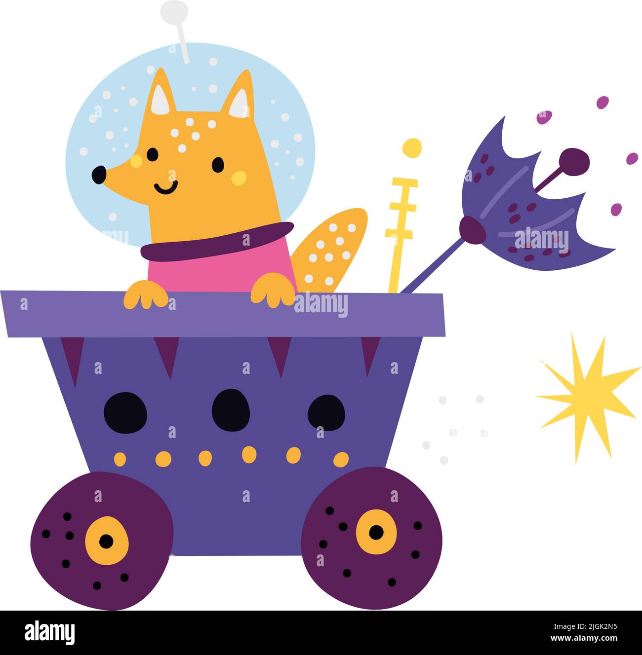 Cute baby fox on planet rover. Space exploration animal Stock Vector