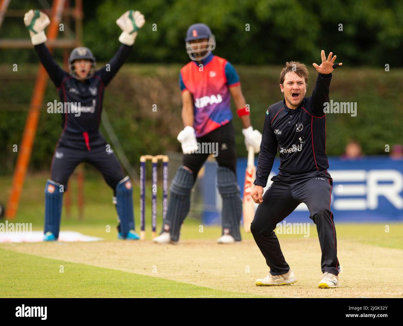 ICC Men's Cricket World Cup League 2 - Nepal v, Namibia. 10th July, 2022. Nepal take on Namibia in the ICC Men's Cricket World Cup League 2 at Cambusdoon, Ayr. Pic shows: Big appeal by Namibia's Jan Nicol Loftie-Eaton, Credit: Ian Jacobs/Alamy Live News Stock Photo