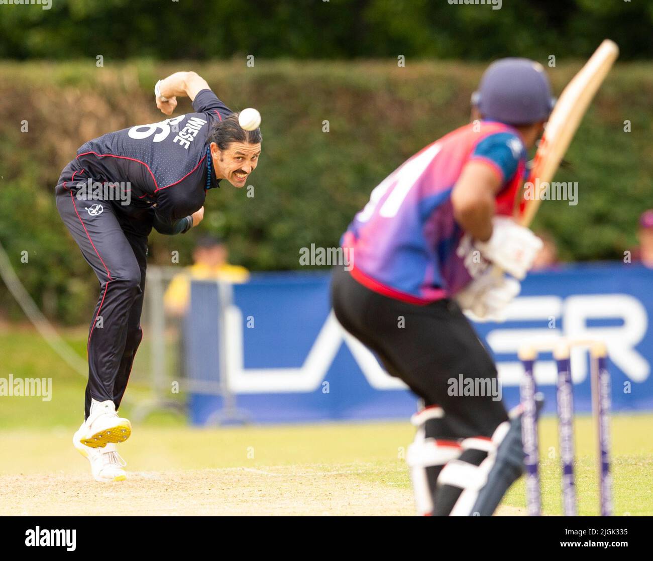 ICC Men's Cricket World Cup League 2 - Nepal v, Namibia. 10th July, 2022. Nepal take on Namibia in the ICC Men's Cricket World Cup League 2 at Cambusdoon, Ayr. Pic shows: Namibia's David Wiese bowls. Credit: Ian Jacobs/Alamy Live News Stock Photo