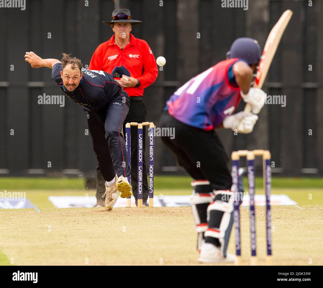 ICC Men's Cricket World Cup League 2 - Nepal v, Namibia. 10th July, 2022. Nepal take on Namibia in the ICC Men's Cricket World Cup League 2 at Cambusdoon, Ayr. Pic shows: Namibia's Jan Frylinck bowls. Credit: Ian Jacobs/Alamy Live News Stock Photo