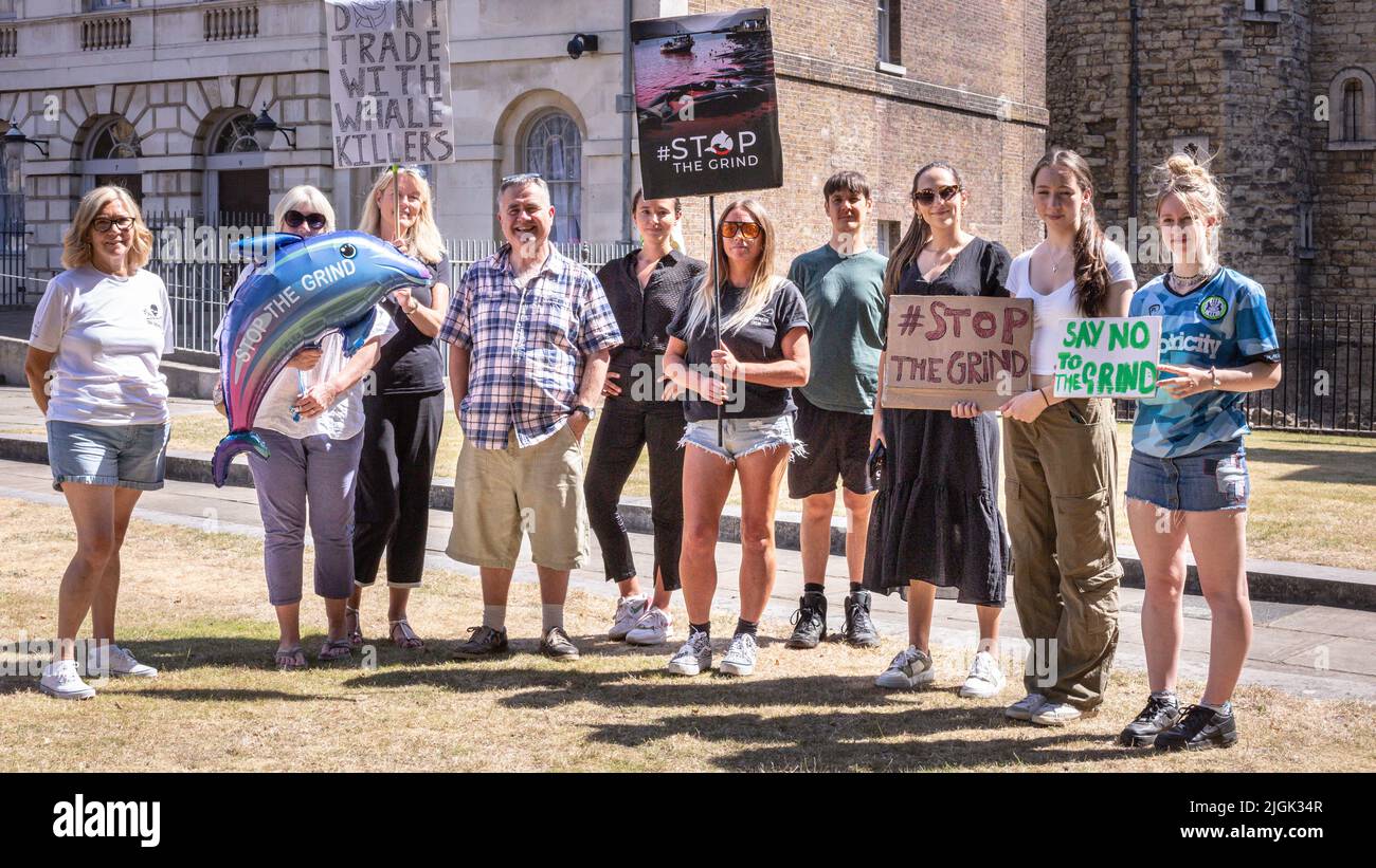 London, UK. 11th July, 2022. Animal welfare campaigner Dominic Dyer protests with the Stop the Grind movement, a partnership between Sea Shepherd and Shared Planet, outside Parliament. This comes as MPs in Westminster await a debate on trade sanctions against Faroe Island. The campaign seeks to end the killing of dolphins and whales in the Faroe Islands. Credit: Imageplotter/Alamy Live News Stock Photo