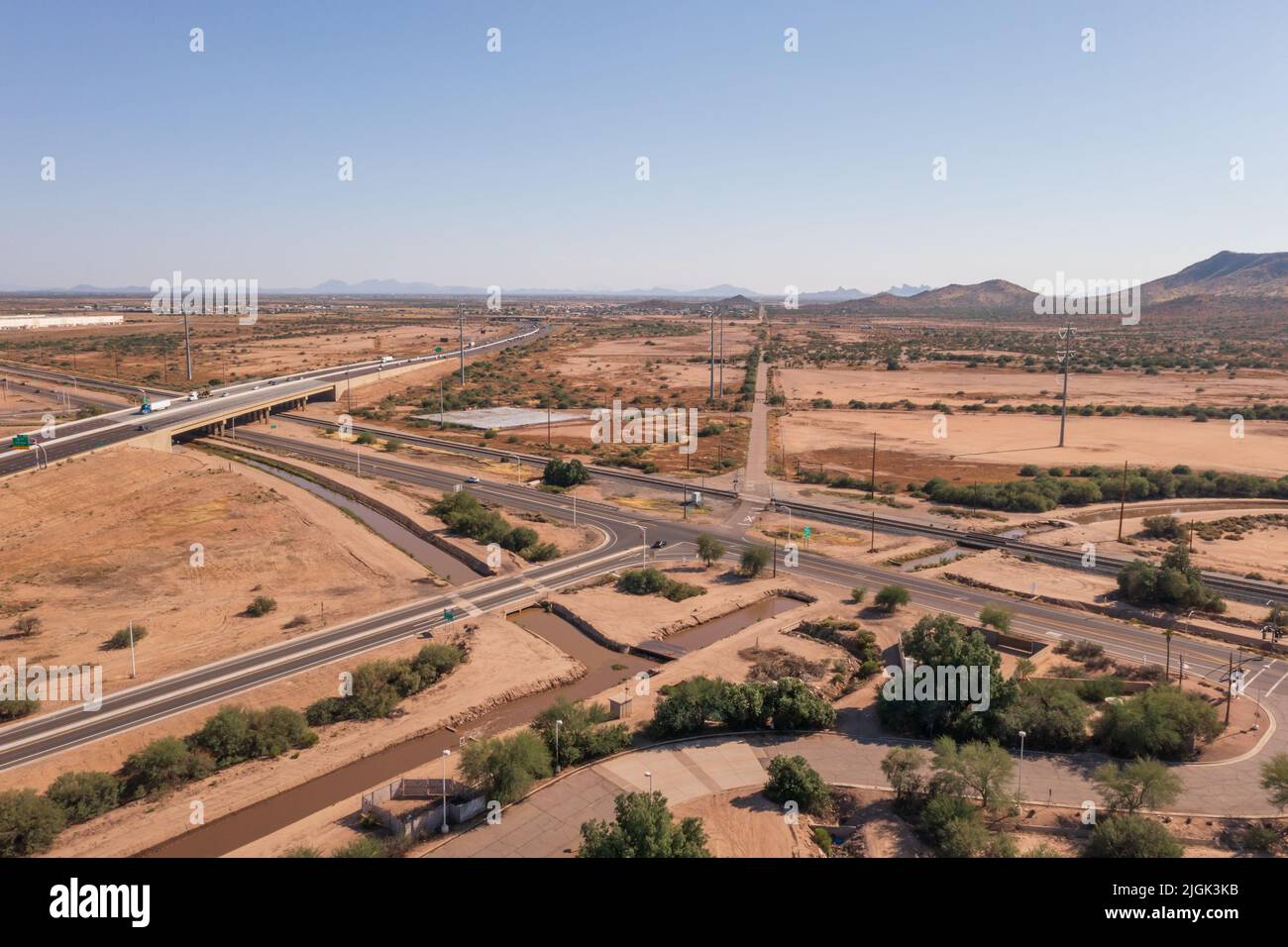 High angle perspective of freeway near Casa Grande, Arizona. Stock Photo