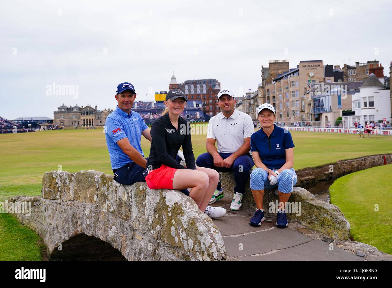 Team Matthew - Padraig Harrington, Louise Duncan, Francesco Molinari and Catriona Matthew pose for a photo on the Swilcan Bridge during the R&A Celebration of Champions event at the Old Course, St Andrews. Picture date: Monday July 11, 2022. Stock Photo