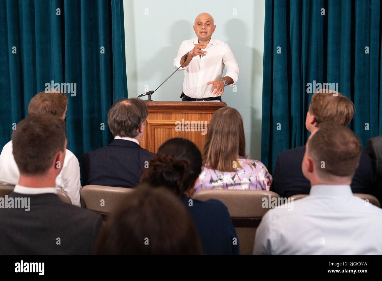 Sajid Javid attends the launch of his campaign to be Conservative Party leader and Prime Minister, at the Cinnamon Club in London. Picture date: Monday July 11, 2022. Stock Photo