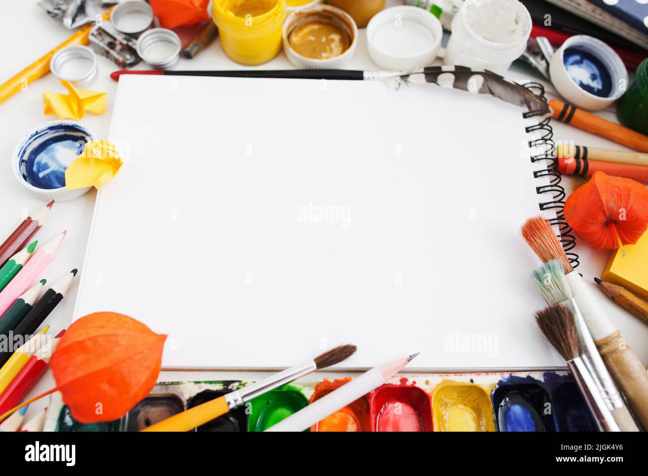 Colorful drawing tools frame for blank sketchbook Stock Photo - Alamy