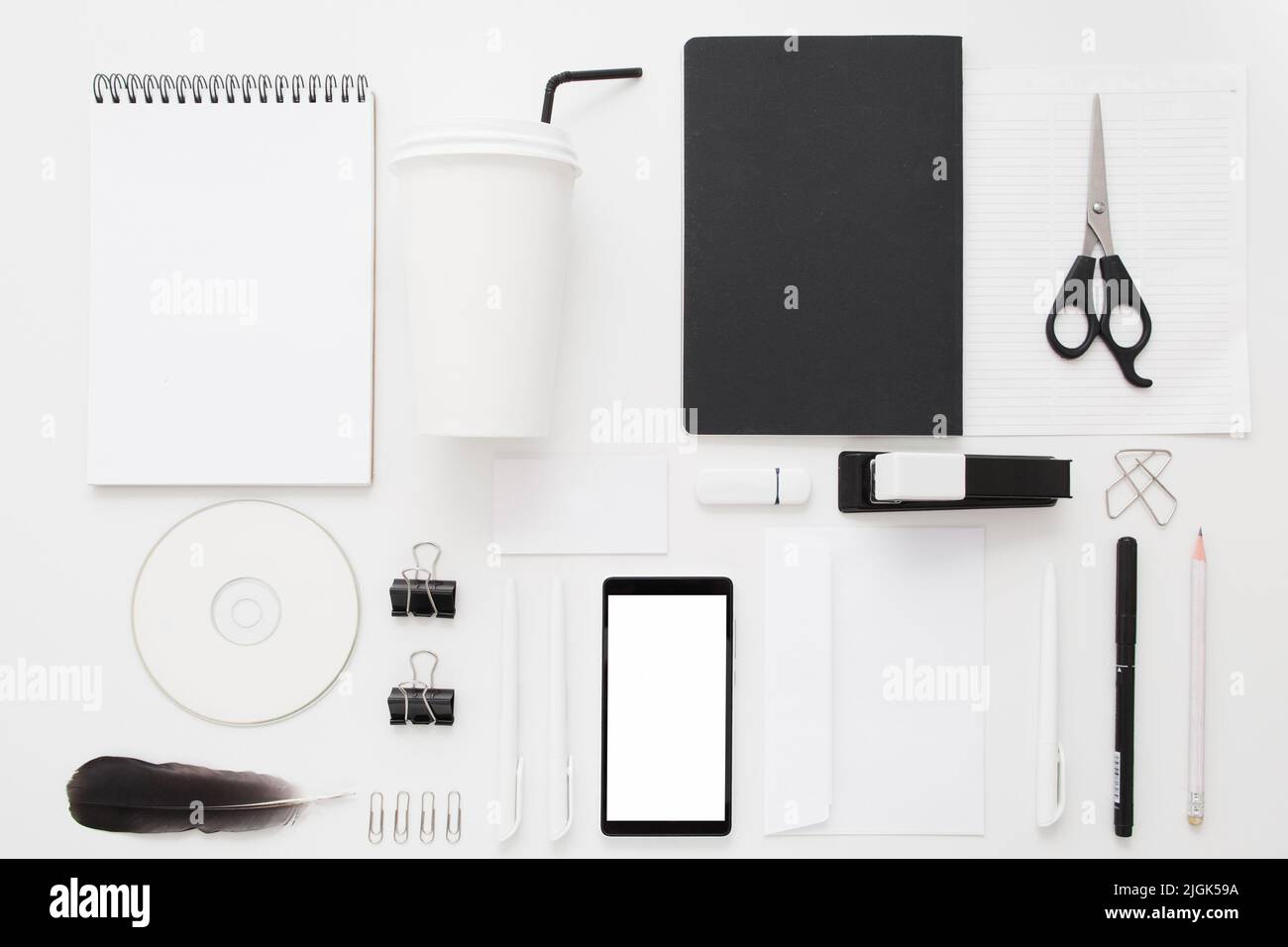 Black and white office stuff collection flat lay Stock Photo Alamy
