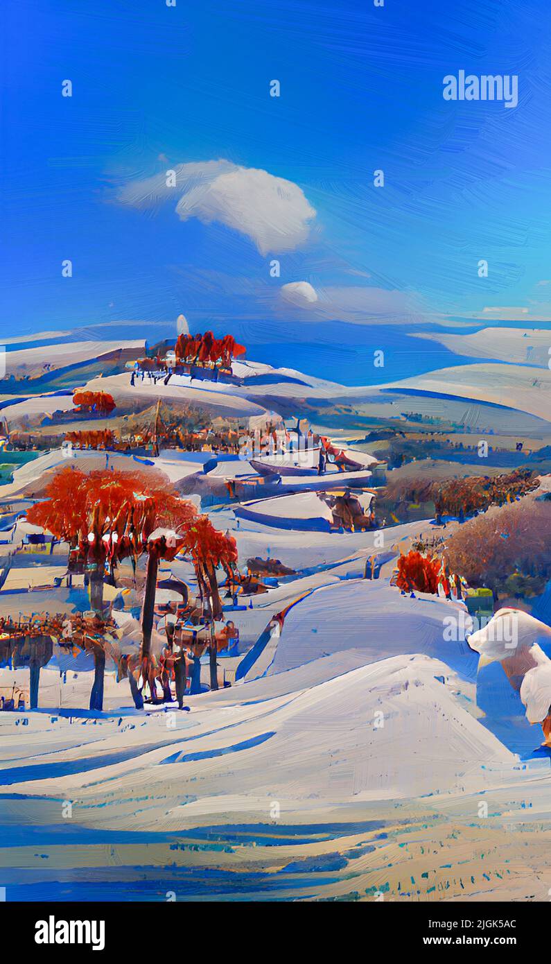 Snow-covered hillside and trees with bushes at the edges of the foreground. Rural houses in the distance, blue sky and white clouds in the background. Stock Photo