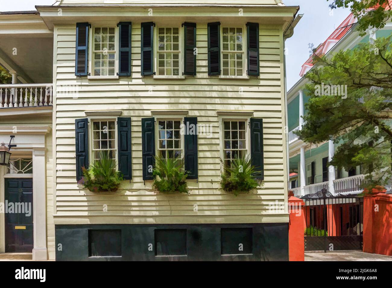 An illustration of window planters in Charleston, South Carolina Stock