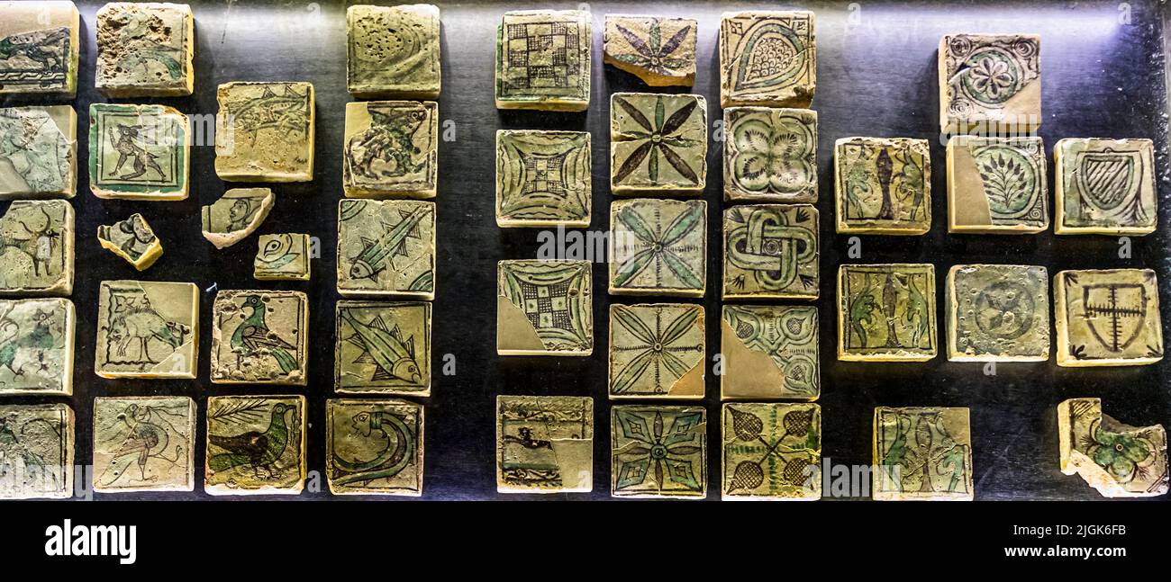 Exhibition of ancient tiles in the Papal Palace of Avignon, France Stock Photo