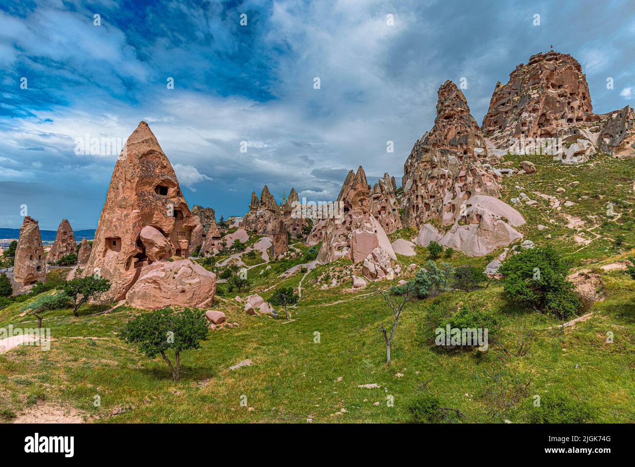 Uchisar Castle in Cappadocia, carved out of rock formations. Turkey. Stock Photo