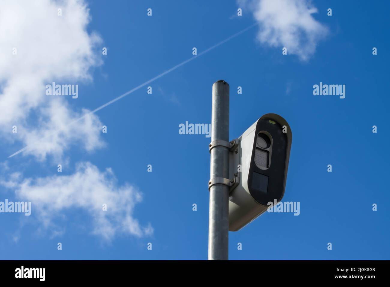 Traffic enforcement camera by Gatsometer on the Doctor Saal van Zwanenbergsingel in Oss. Cars that exceed the allowed speed are photographed and fined. Stock Photo