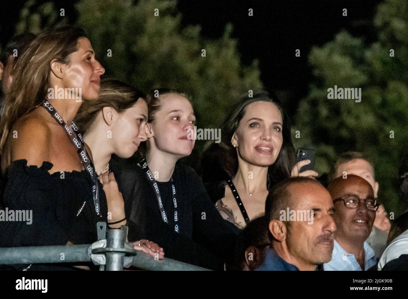Rome, Italy. 11th July, 2022. Rome 9/07/2022 Angelina Jolie guest at the  MAneskin concert at the Circus Maximus in Rome for the first date of the  world tour that will take them