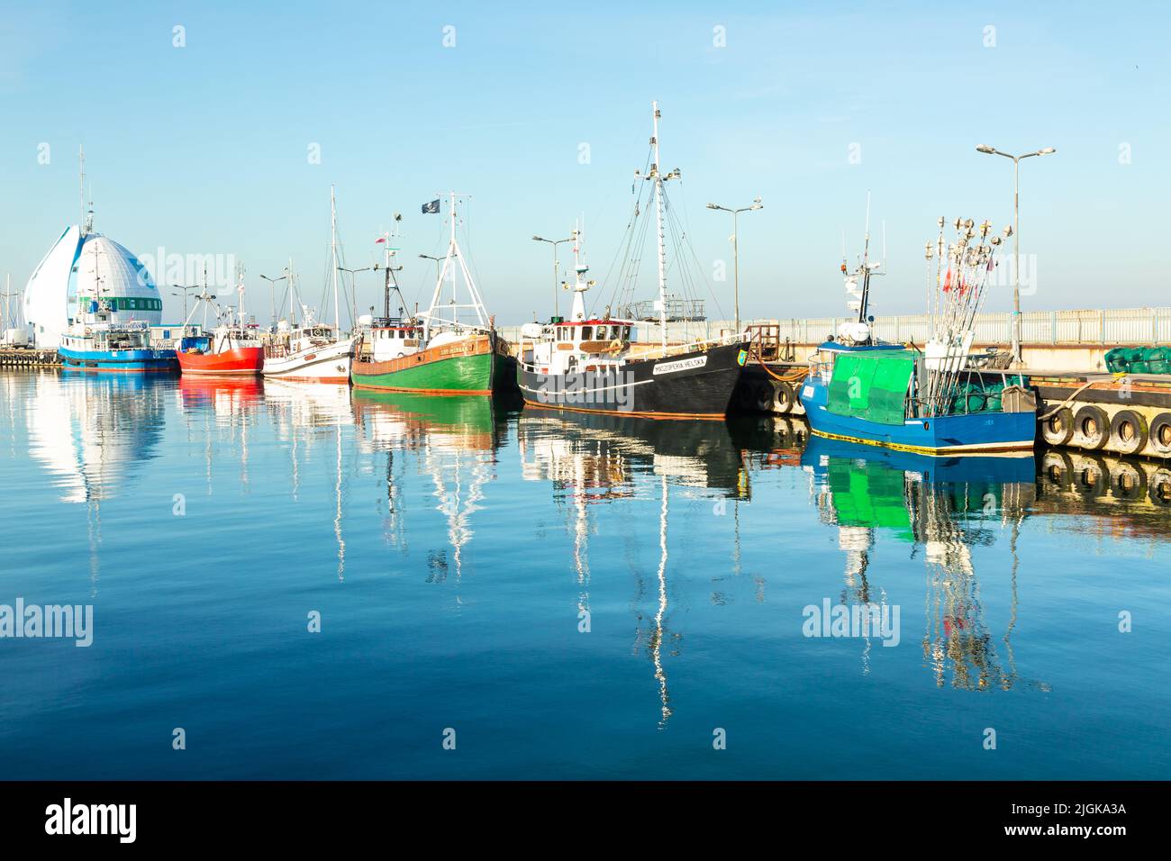 May, 02, 2022 Port, town harbour  with  fishing boats in Hel town. Hel, Hel Peninsula, Baltic Sea, Pomerania, Poland Stock Photo