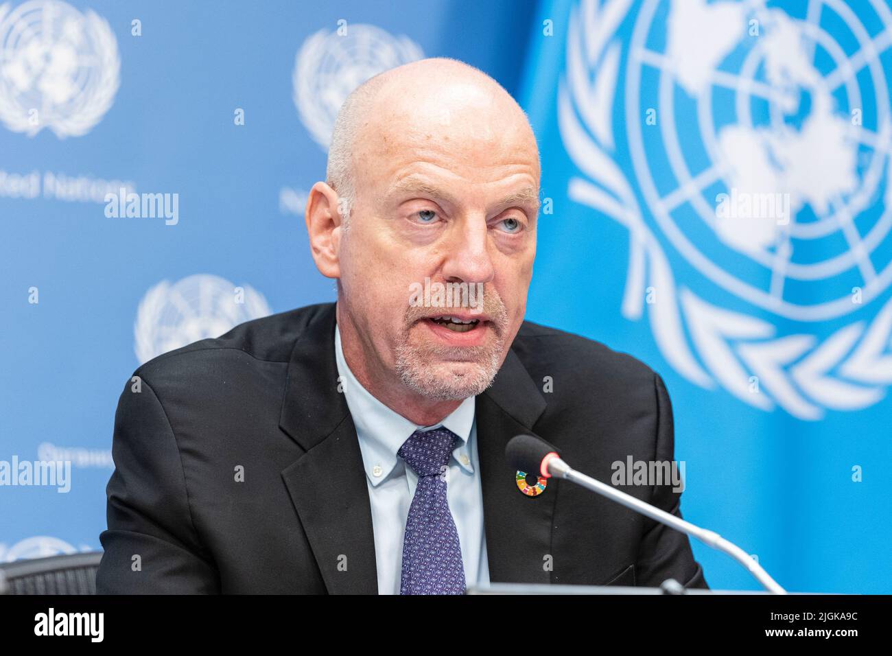 John Wilmoth, Director, Population Division, Department of Economic and Social Affairs speaks at press briefing on the launch of the World Population Prospects 2022 at UN Headquarters in New York on July 11, 2022. He was joined by Maria-Francesca Spatolisano, UN Assistant-Secretary-General for Policy Coordination and Inter-Agency Affairs and Patrick Gerland, Chief, Population Estimates and Projection Section, Population Division, Department of Economic and Social Affairs . They brief the media on the occasion of World Population Day. The UN projects that on November 15, 2022 Population of the Stock Photo