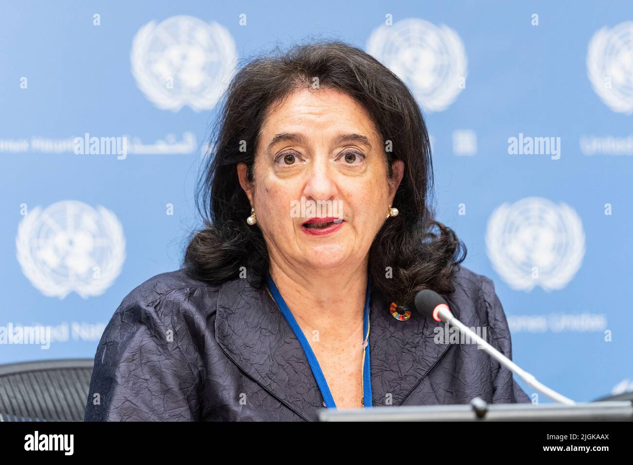UN Assistant-Secretary-General for Policy Coordination and Inter-Agency Affairs Maria-Francesca Spatolisano speaks at press briefing on the launch of the World Population Prospects 2022 at UN Headquarters in New York on July 11, 2022. She was joined by John Wilmoth, Director, Population Division, Department of Economic and Social Affairs and Patrick Gerland, Chief, Population Estimates and Projection Section, Population Division, Department of Economic and Social Affairs . They brief the media on the occasion of World Population Day. The UN projects that on November 15, 2022 Population of the Stock Photo