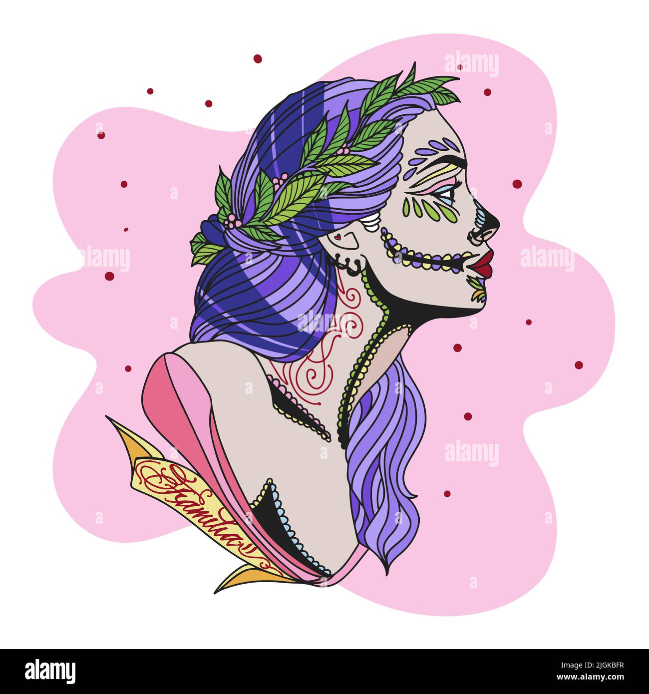 Cute girl in Chicano style, with tattoos and inscriptions, with berries and leaves in her hair, jewelry on her face, piercing, light background Stock Vector