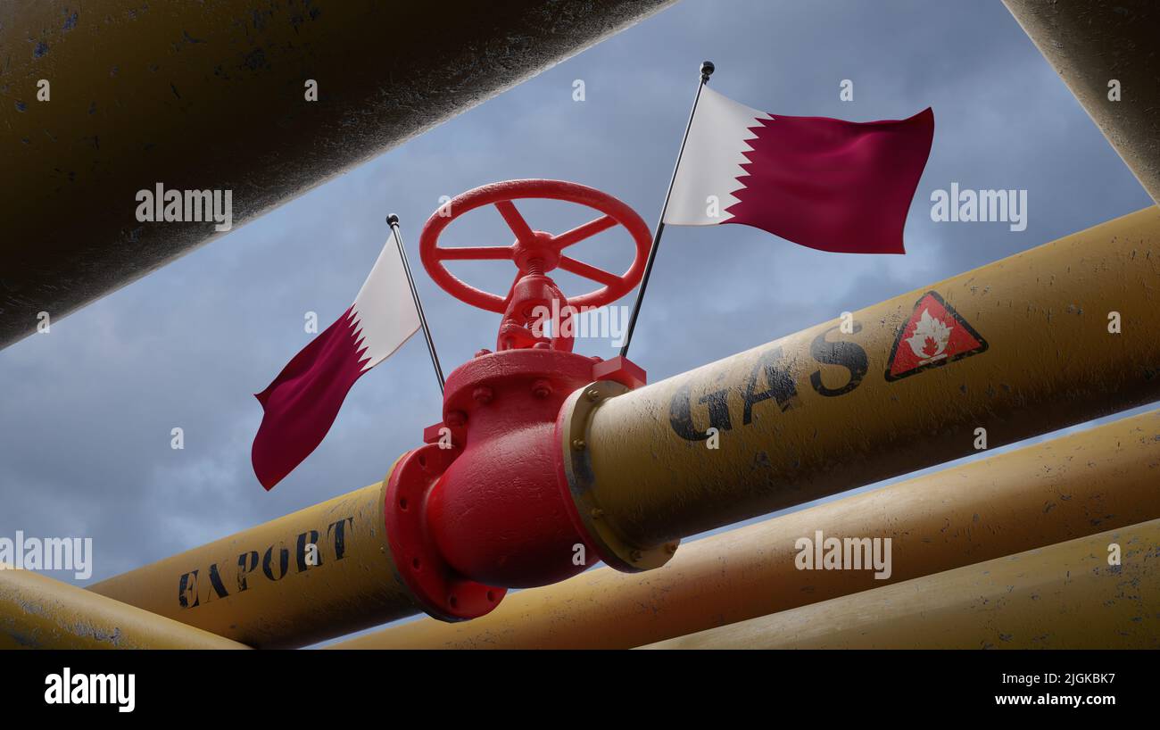 Valve on the main gas pipeline Qatar, Pipeline with flags Qatar, Pipes