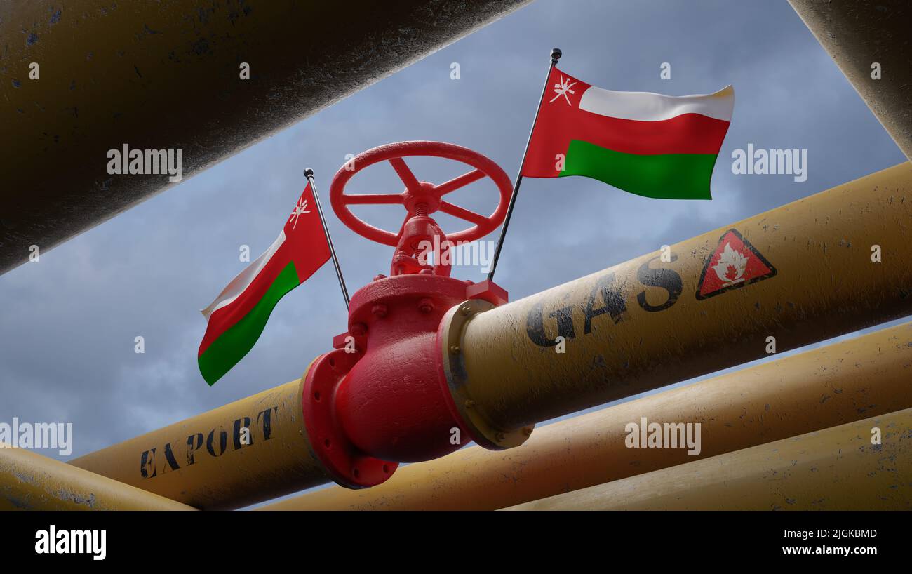 Valve on the main gas pipeline Oman, Pipeline with flags Oman, Pipes of