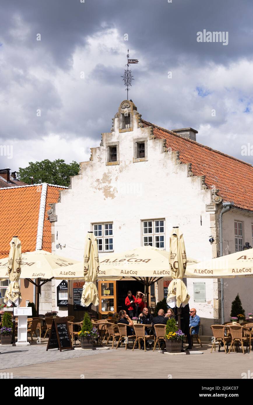 Estonia pub restaurant - people outside a pub restaurant on a summer day, Kuressaare, Saaremaa, Estonia Europe Stock Photo