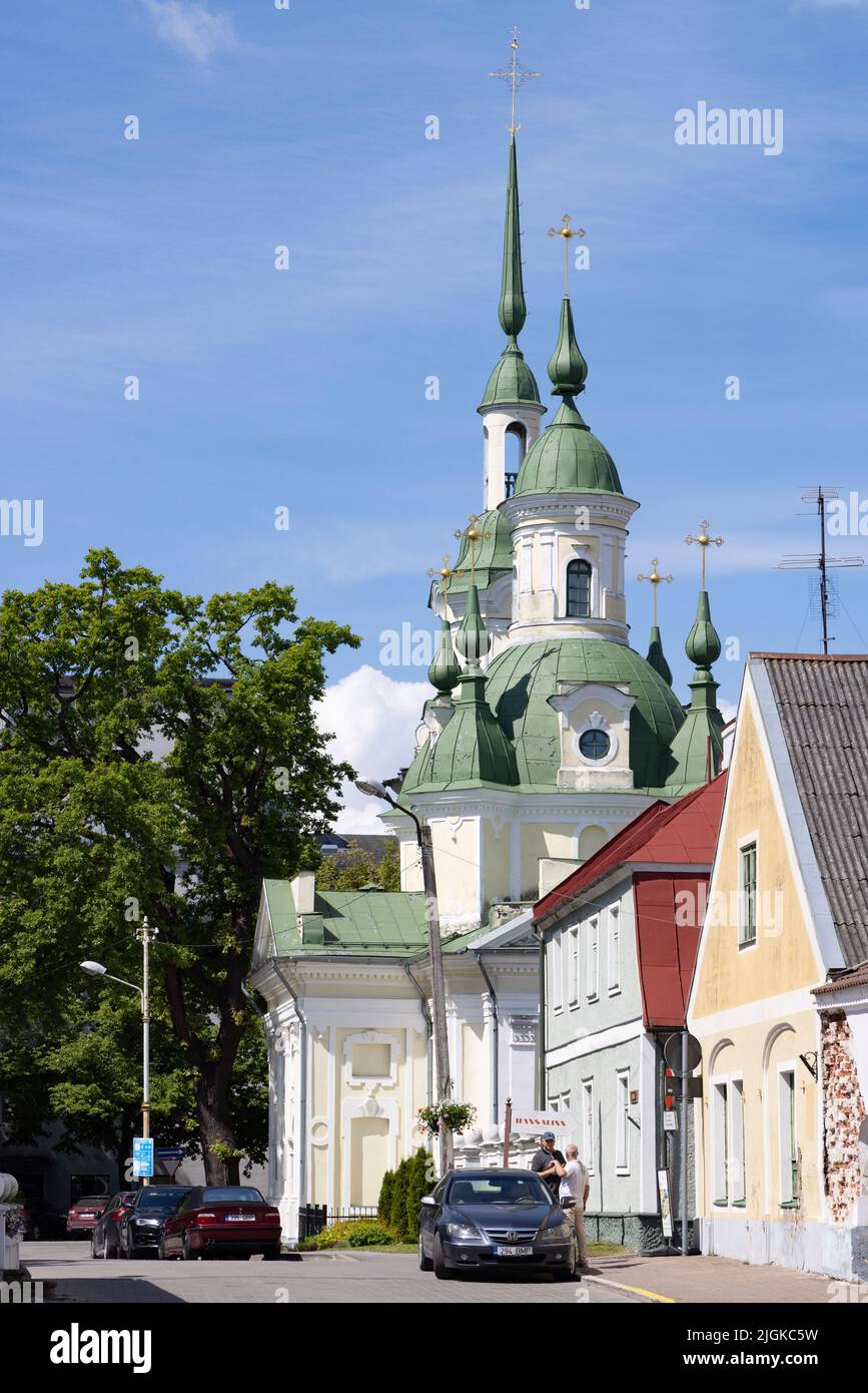 Parnu Estonia - Street scene in Parnu town with the St Catherine's russian orthodox church, Parnu Estonia Europe Stock Photo
