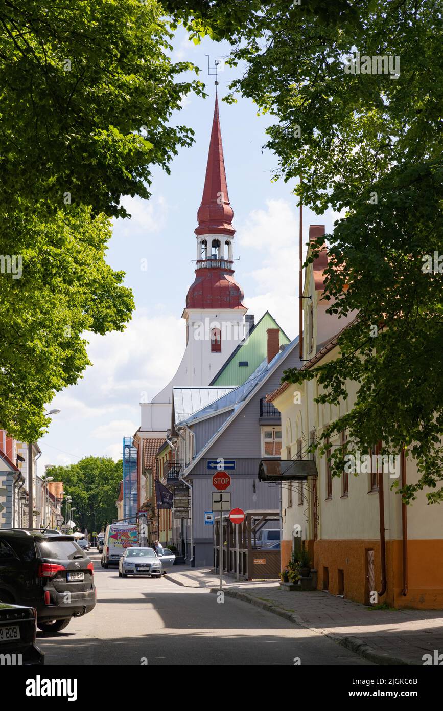 Parnu Estonia, Street scene in the estonian town of Parnu, with St Elizabeths Church, a Lutheran Church, Parnu, Estonia, Baltic States, Europe Stock Photo