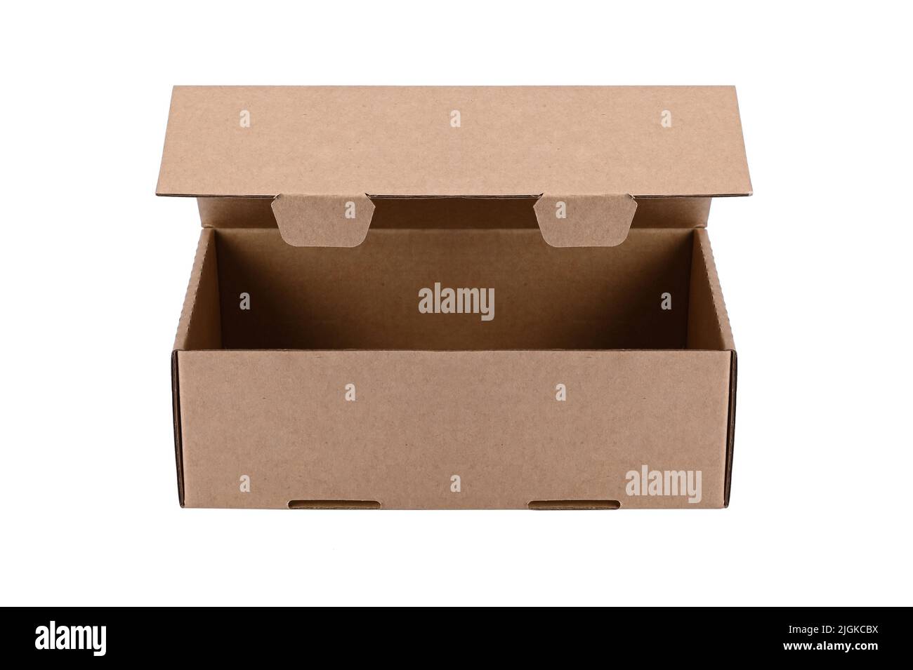 Brown empty box made of carton with opened lid for shipping placed isolated on clear white background in light studio Stock Photo