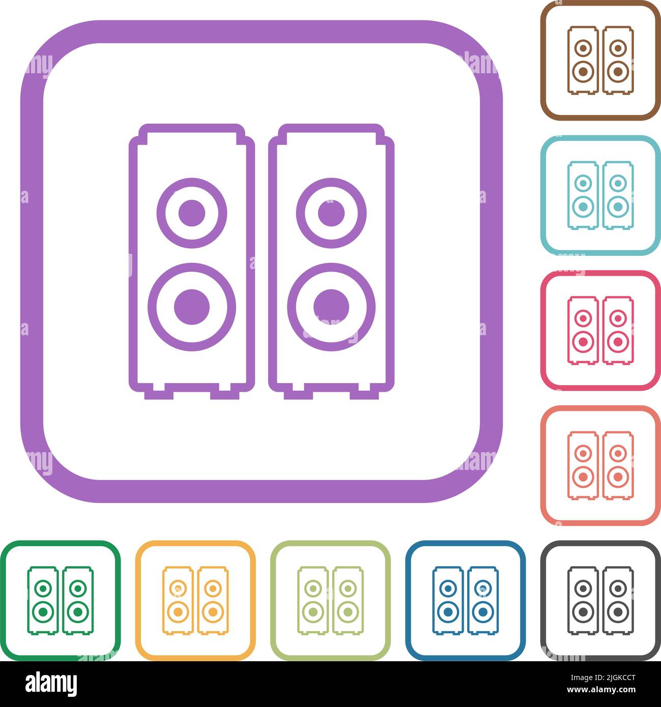 Speakers outline simple icons in color rounded square frames on white