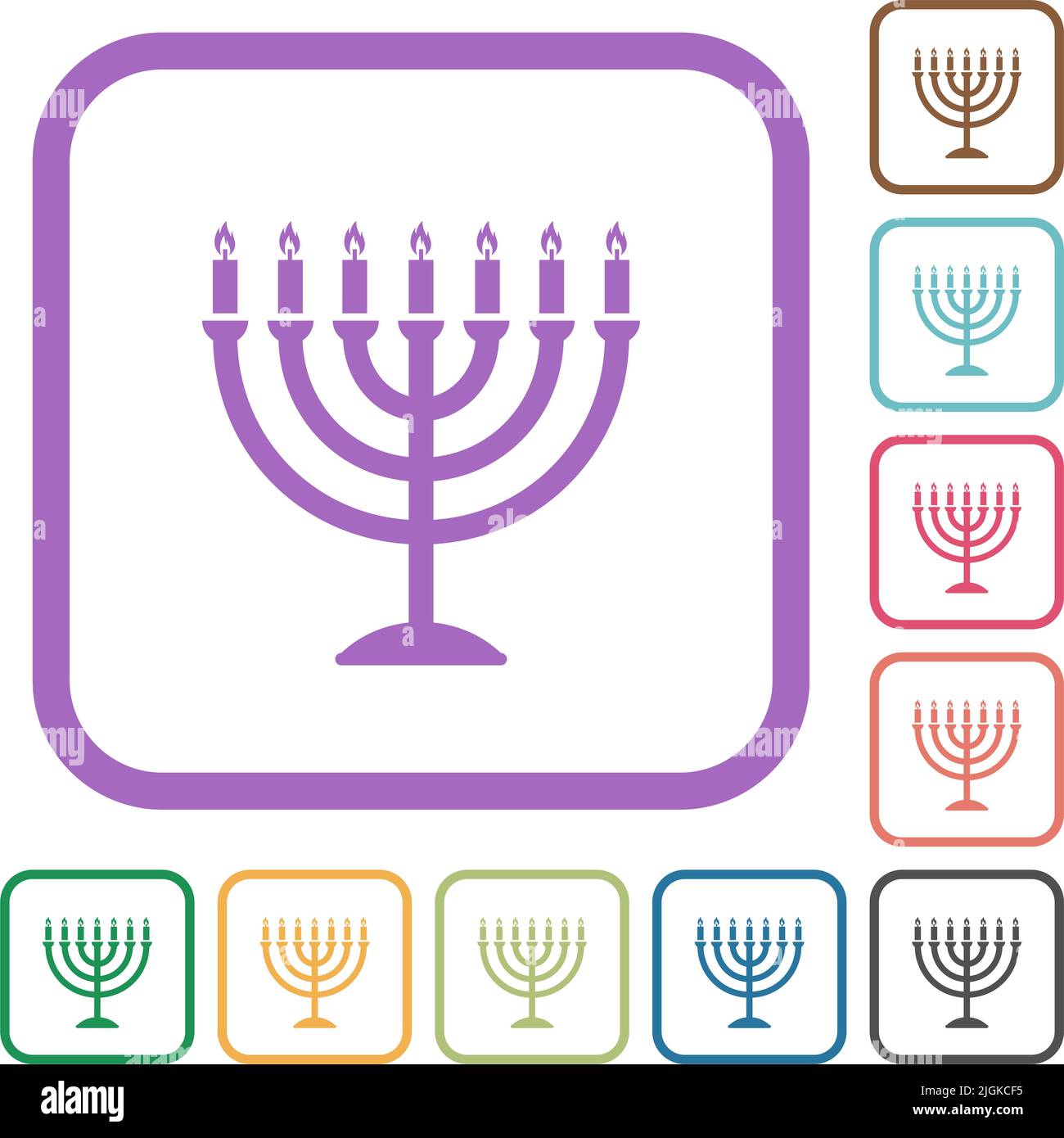 Menorah with burning candles solid simple icons in color rounded square frames on white background Stock Vector