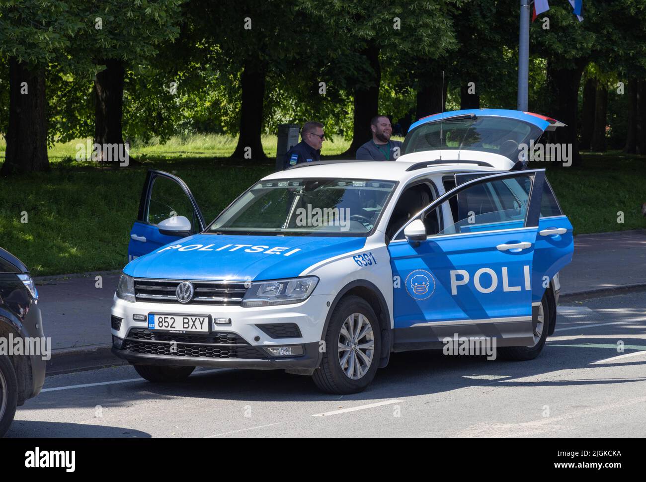 Estonia Police car; Estonian policeman on duty, Tartu, Estonia Baltic