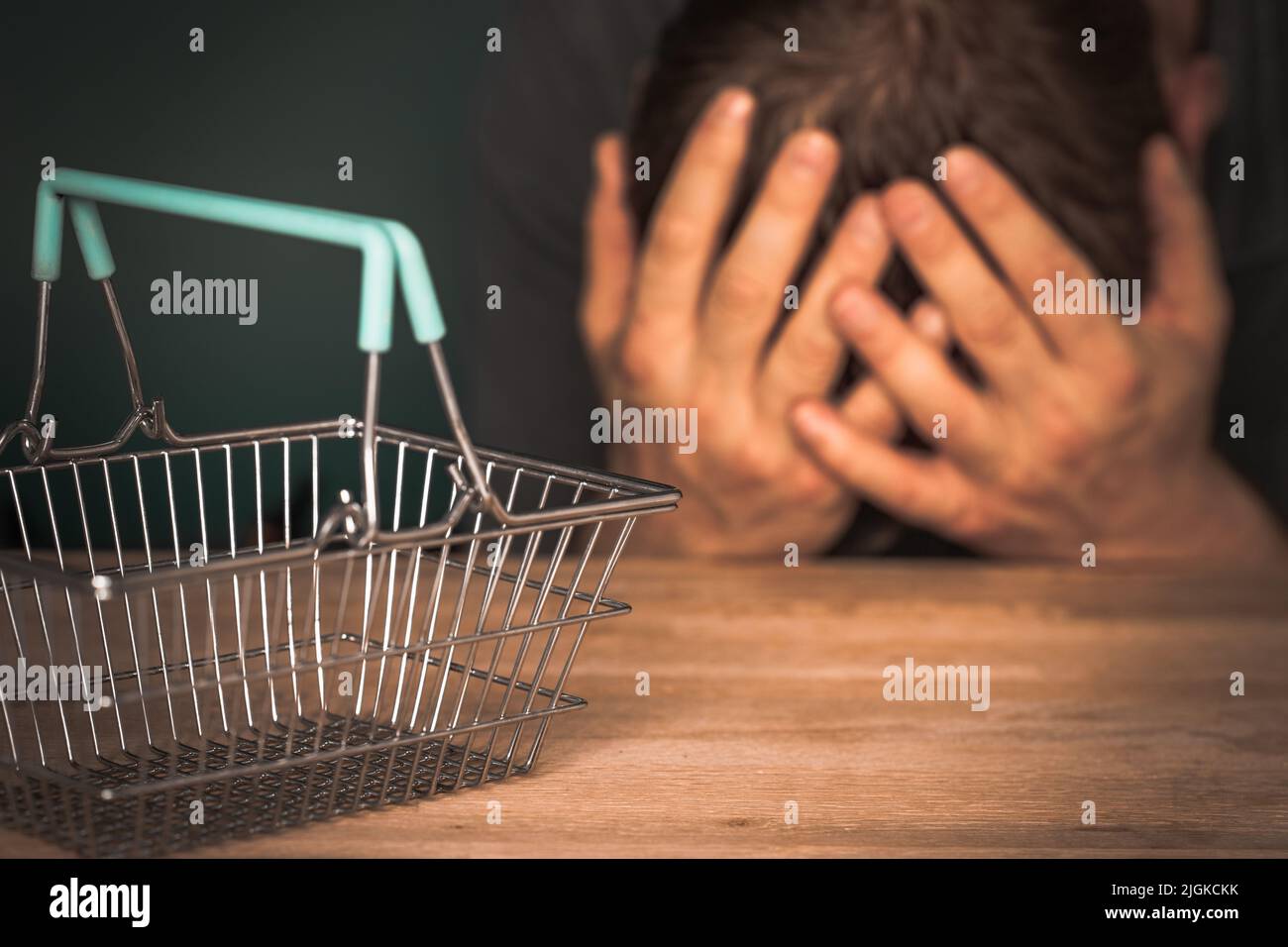 Miniature, empty shopping basket, A man holding his head, The concept of high prices and rising