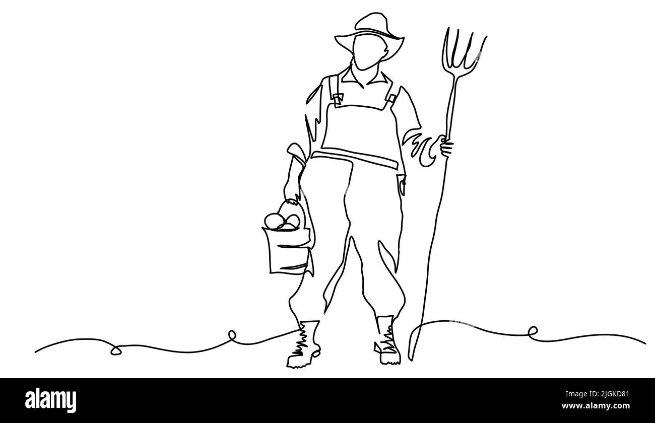 Farmer man with pitchfork and bucket. Vector background, banner, poster. One continuous line art drawing illustration of farmer with pitchfork Stock Vector