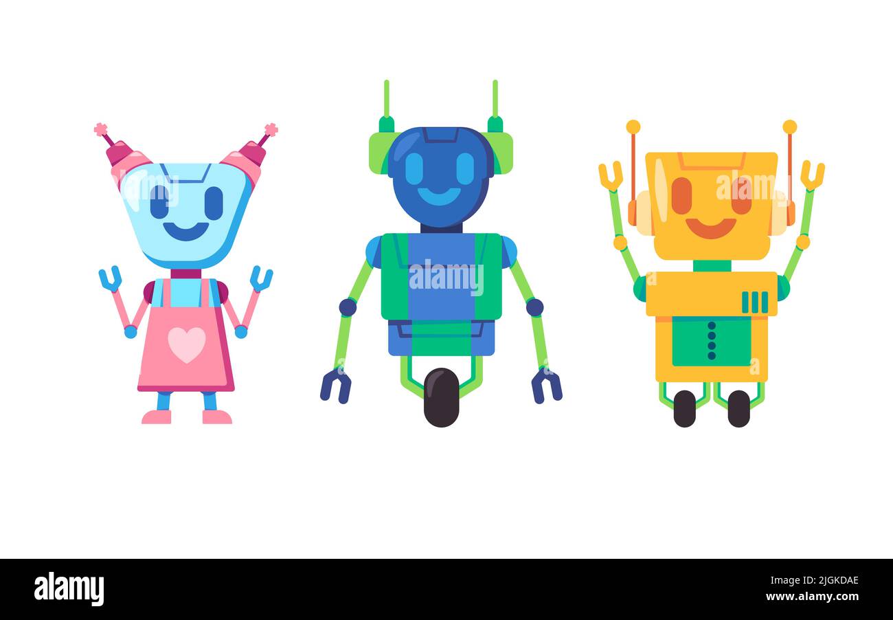 Cute and friendly robot clipart collection of humanoid colorful cartoon illustration toys for kids Stock Vector