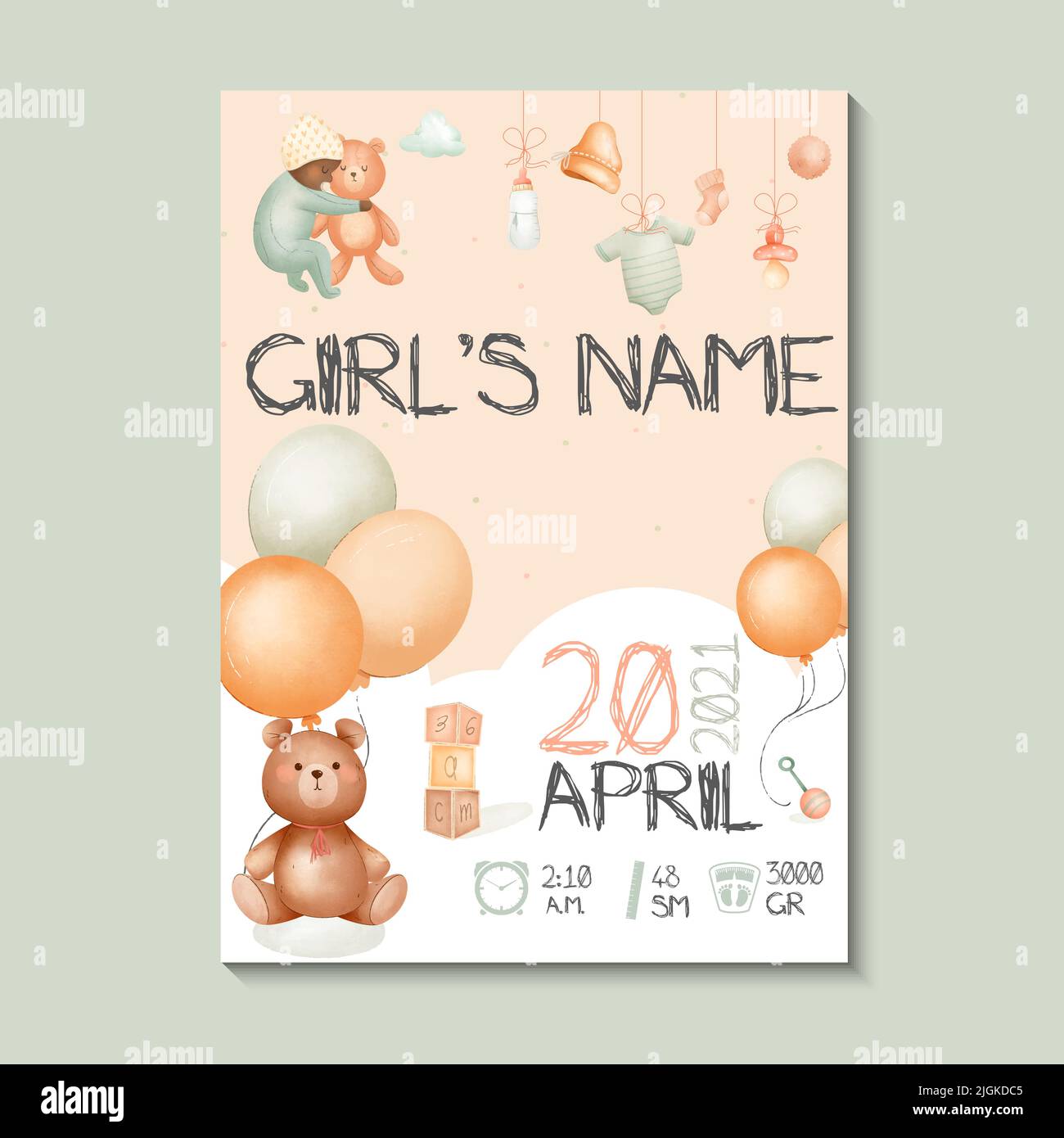 Girls posters, height, weight, date of birth. Teddy bear, balloon and baby stuff green, vector illustration on white background. Illustration Stock Vector