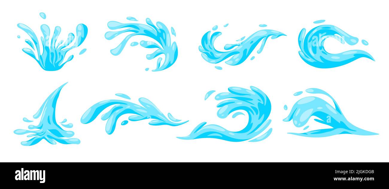 Water wave liquid blue sea splashing ocean marine fresh flow set collection illustration Stock Vector