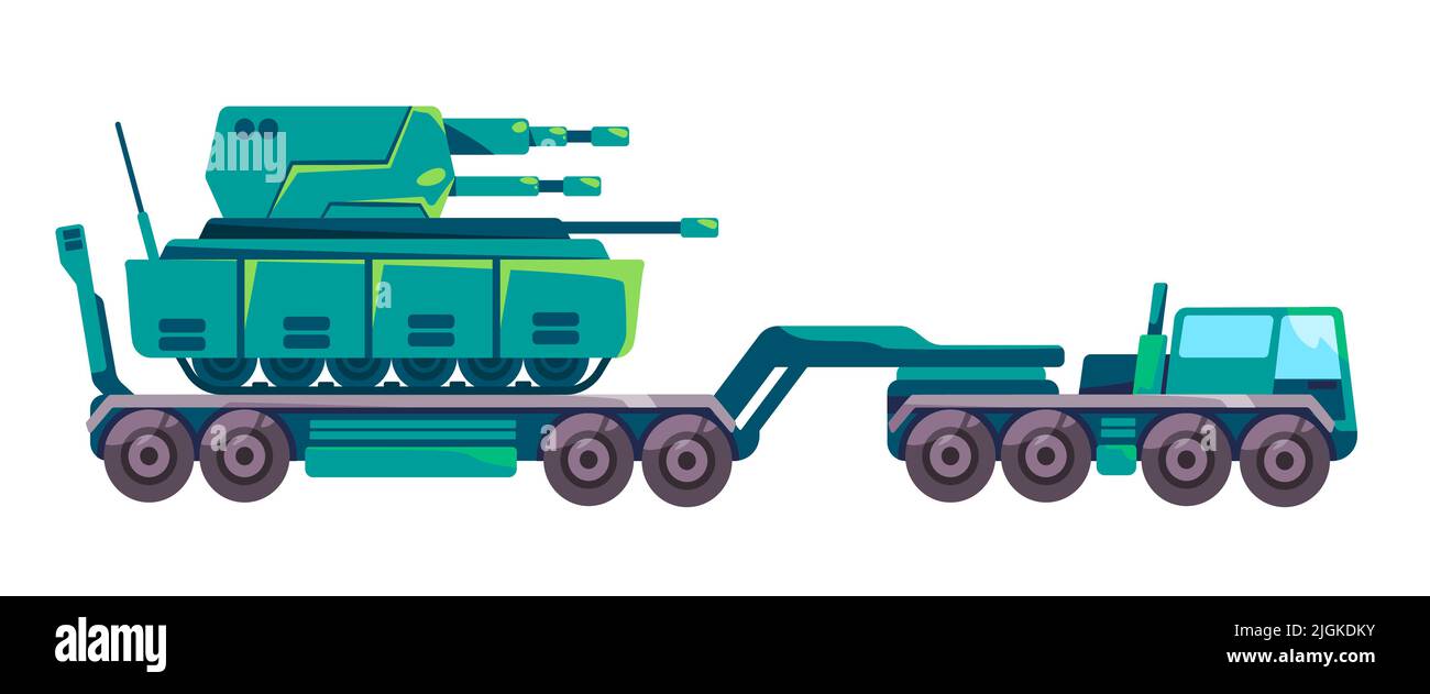 Truck transporting armoured heavy tank illustration war logistics Stock Vector