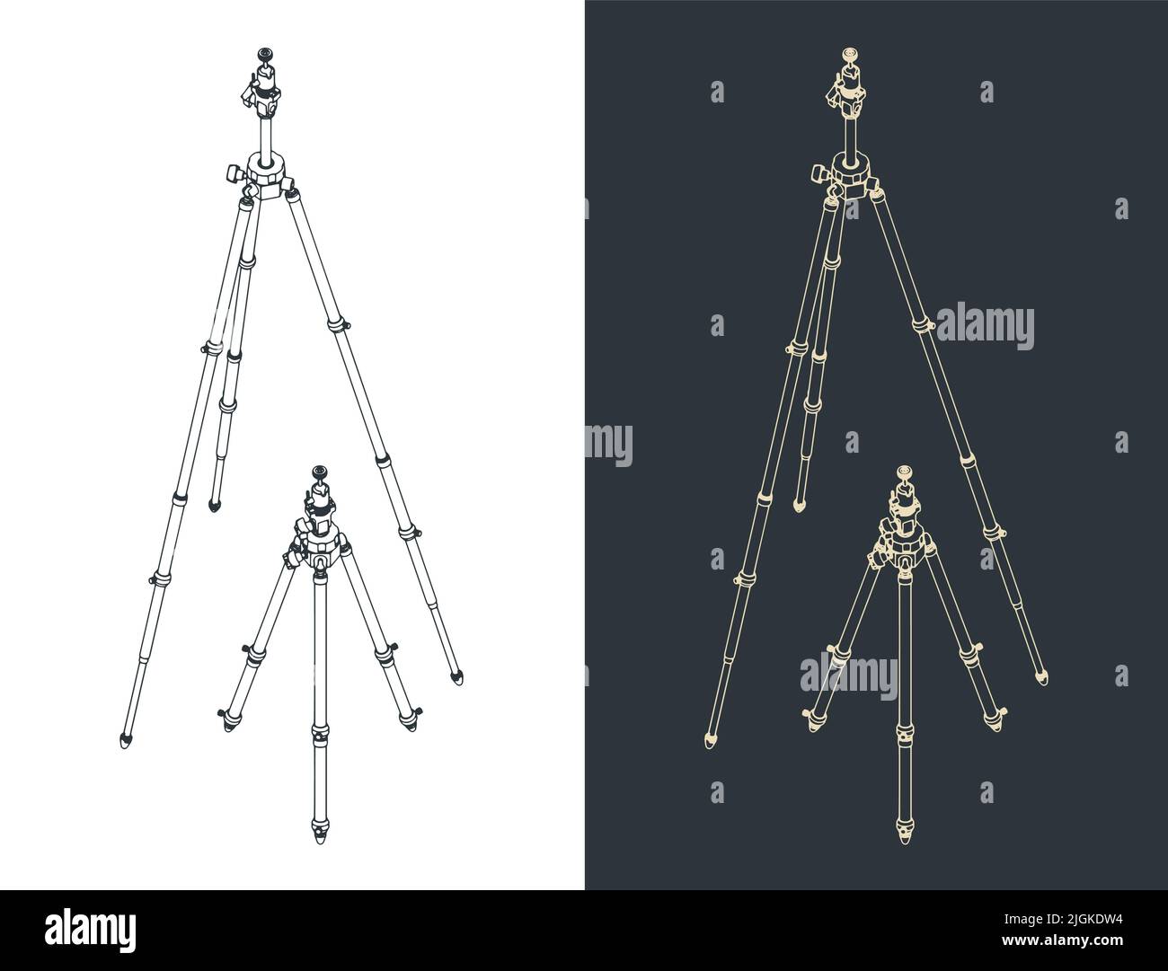 Stylized vector illustrations of isometric drawings of camera tripod Stock Vector