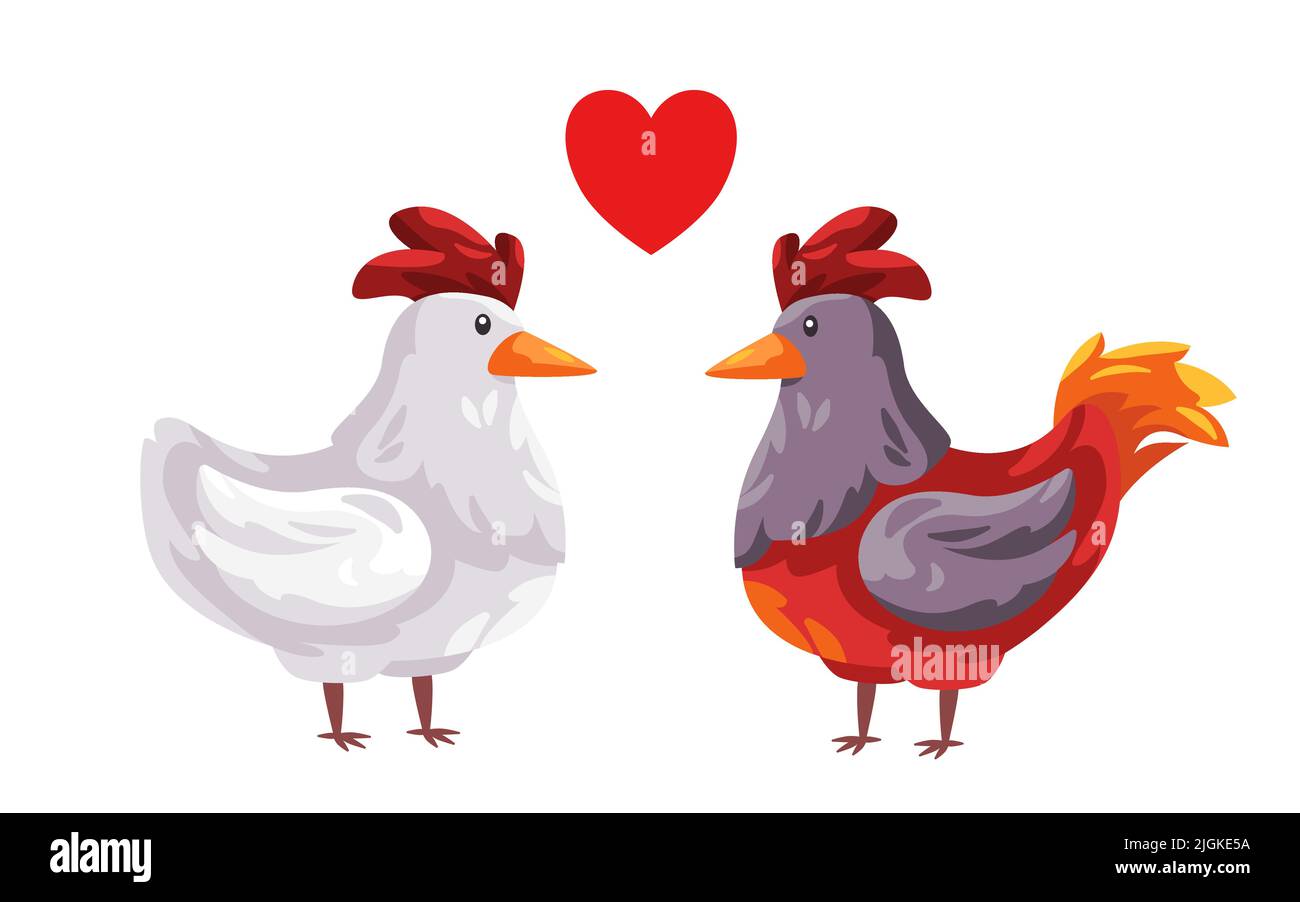 Chicken rooster fall in love couple heart shape symbol of two hen cock animal Stock Vector