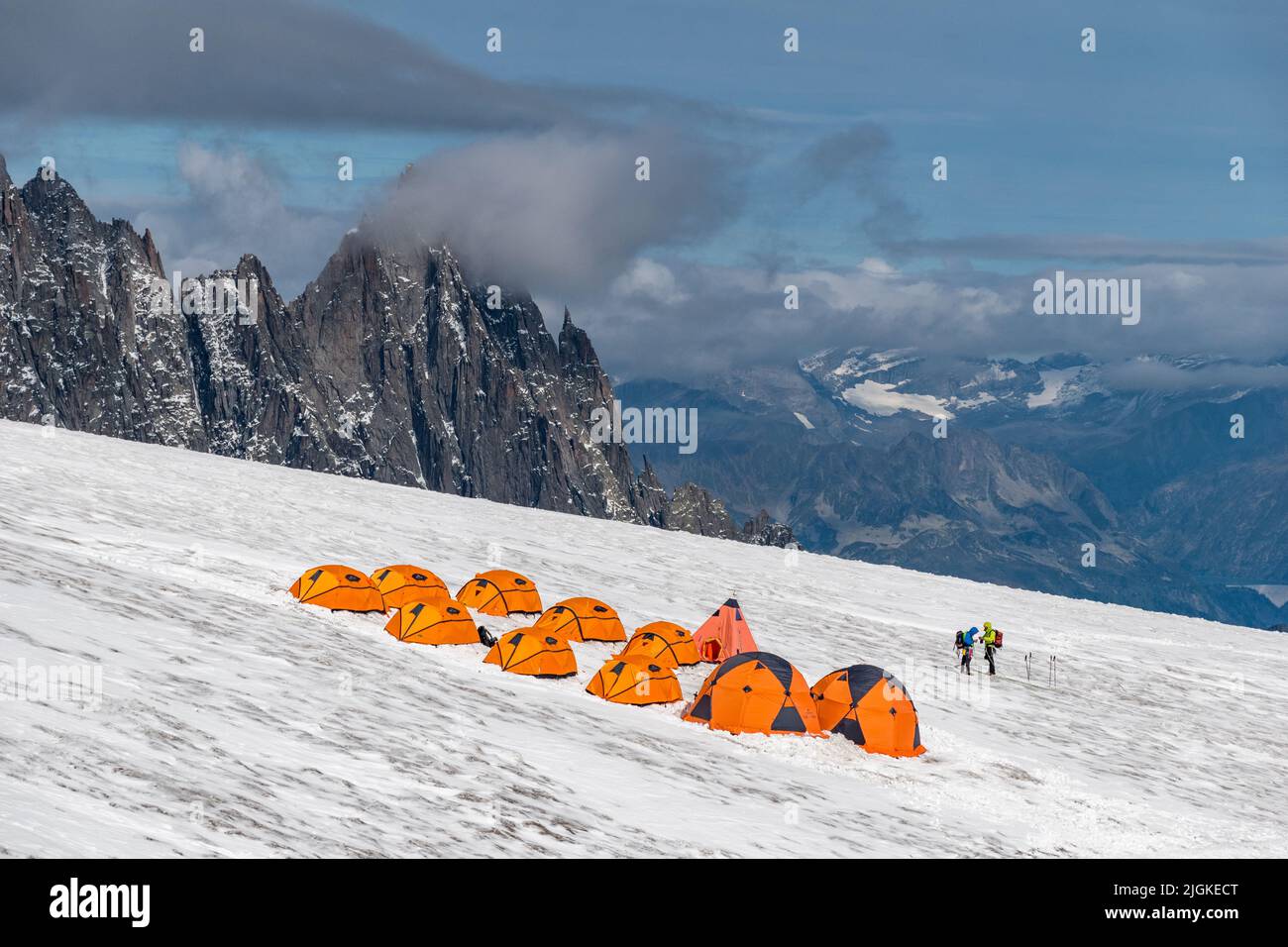 Campsite on the Geant Glacier, in the Mont Blanc massif, highest mountain range in the Alps Stock Photo