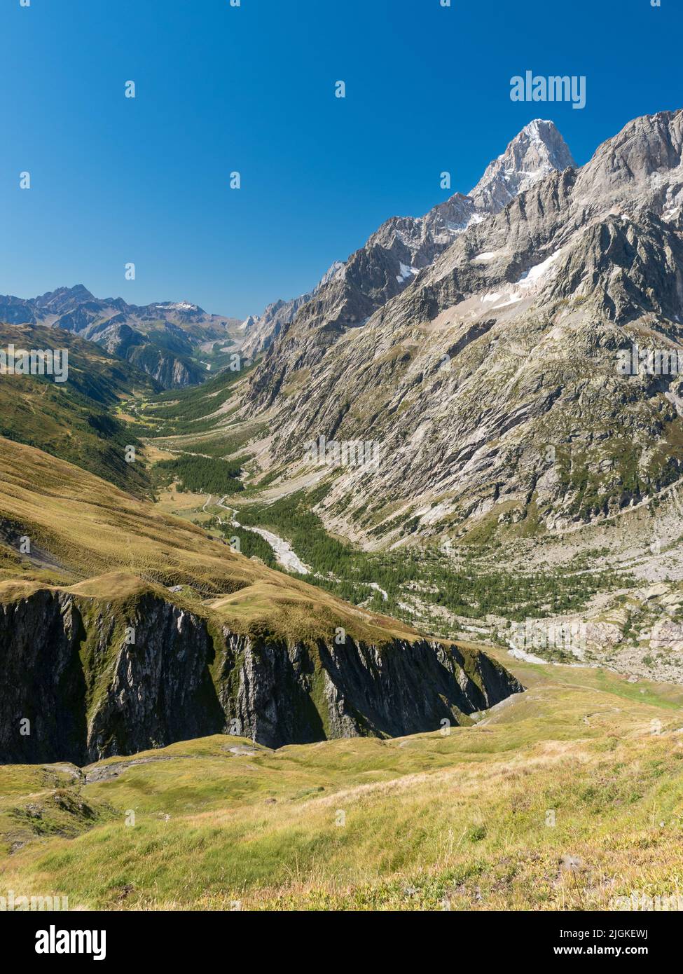 Panoramic view of the Val Ferret, in the Mont Blanc massif, highest mountain range in Alps Stock Photo